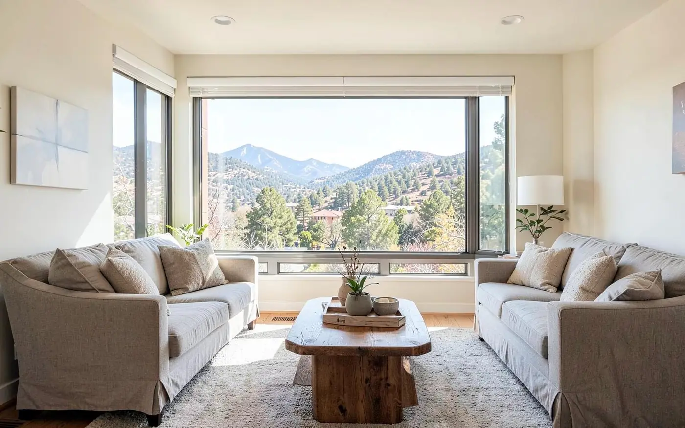 Bright living room centered on a wide, newly installed picture window