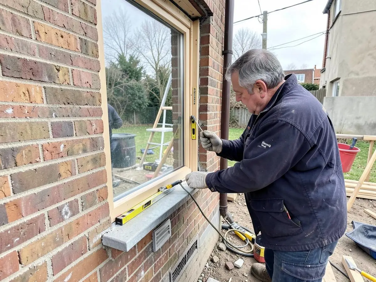 Installer leveling a new replacement window in a brick opening